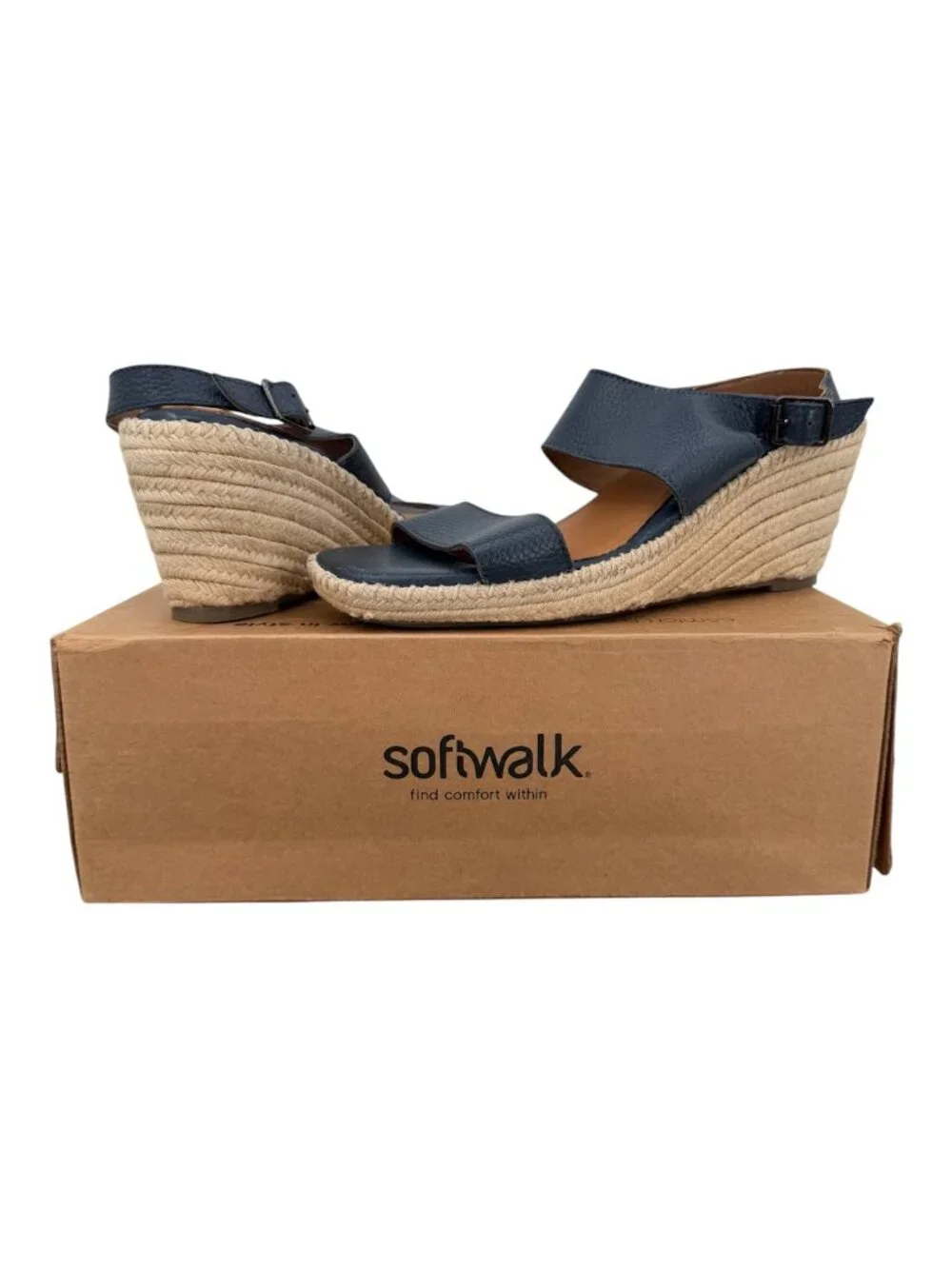 SoftWalk Hartley Navy Leather Espadrille Wedge Sandals Women's Size 9 Narrow